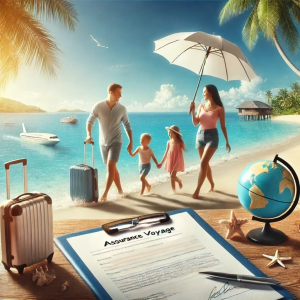 Famille heureuse jouant sur une plage ensoleillée, avec un document d'assurance voyage marqué 'Assurance Voyage', un globe terrestre, une valise et un parapluie protecteur en avant-plan, symbolisant la sécurité et la tranquillité des vacances grâce à l'assurance voyage.