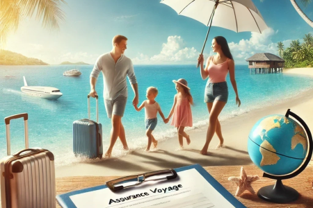 Famille heureuse jouant sur une plage ensoleillée, avec un document d'assurance voyage marqué 'Assurance Voyage', un globe terrestre, une valise et un parapluie protecteur en avant-plan, symbolisant la sécurité et la tranquillité des vacances grâce à l'assurance voyage.